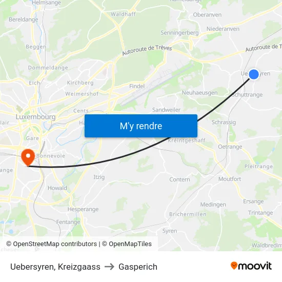 Uebersyren, Kreizgaass to Gasperich map