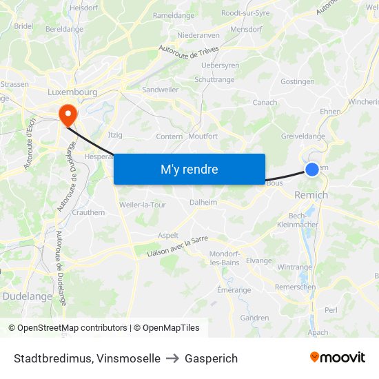 Stadtbredimus, Vinsmoselle to Gasperich map