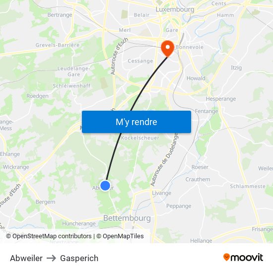 Abweiler to Gasperich map