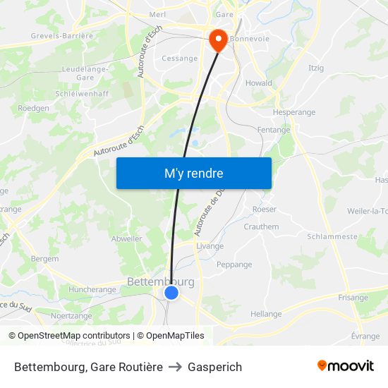 Bettembourg, Gare Routière to Gasperich map