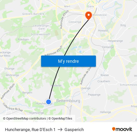 Huncherange, Rue D'Esch 1 to Gasperich map
