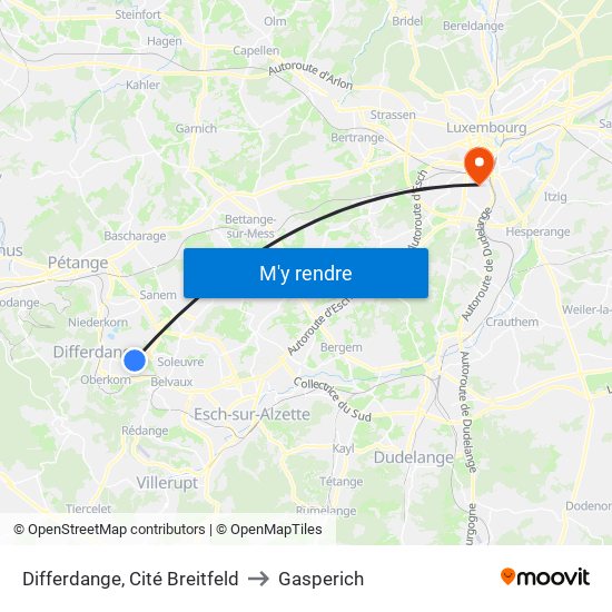 Differdange, Cité Breitfeld to Gasperich map