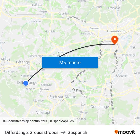Differdange, Groussstrooss to Gasperich map