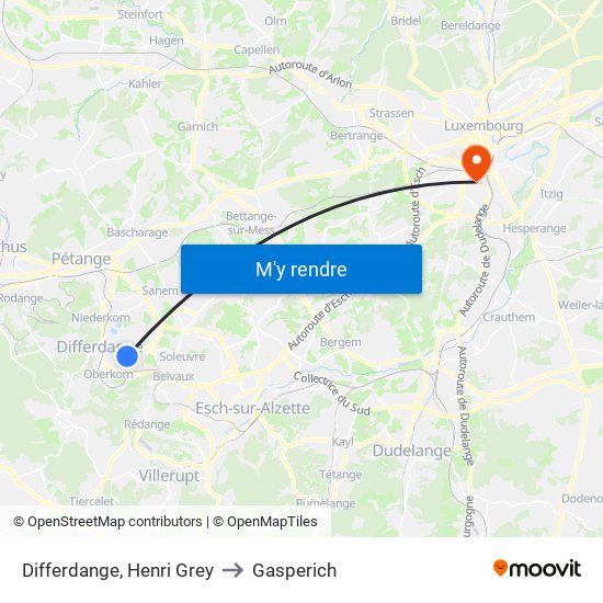 Differdange, Henri Grey to Gasperich map