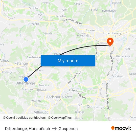 Differdange, Honsbësch to Gasperich map