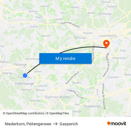 Niederkorn, Péitengerwee to Gasperich map