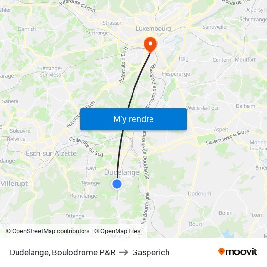 Dudelange, Boulodrome P&R to Gasperich map