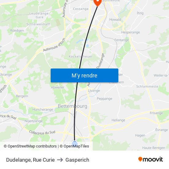 Dudelange, Rue Curie to Gasperich map