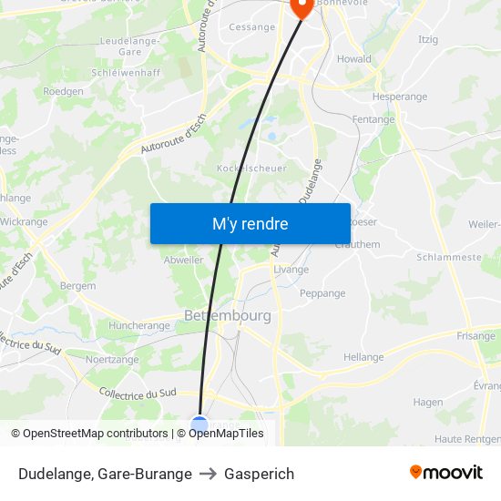 Dudelange, Gare-Burange to Gasperich map