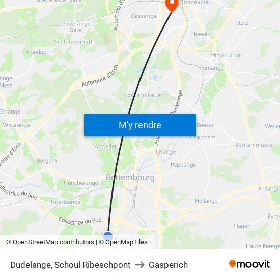 Dudelange, Schoul Ribeschpont to Gasperich map