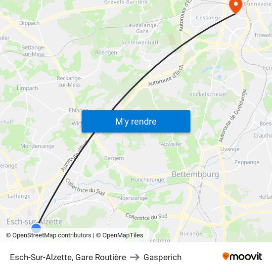 Esch-Sur-Alzette, Gare Routière to Gasperich map