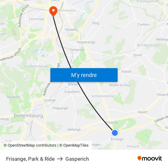 Frisange, Park & Ride to Gasperich map
