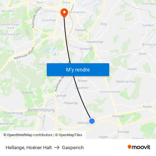 Hellange, Hoëner Halt to Gasperich map