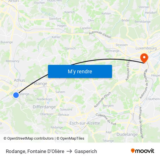 Rodange, Fontaine D'Olière to Gasperich map