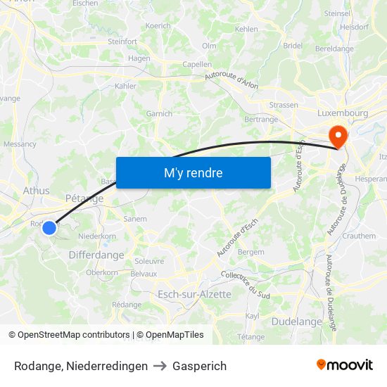 Rodange, Niederredingen to Gasperich map