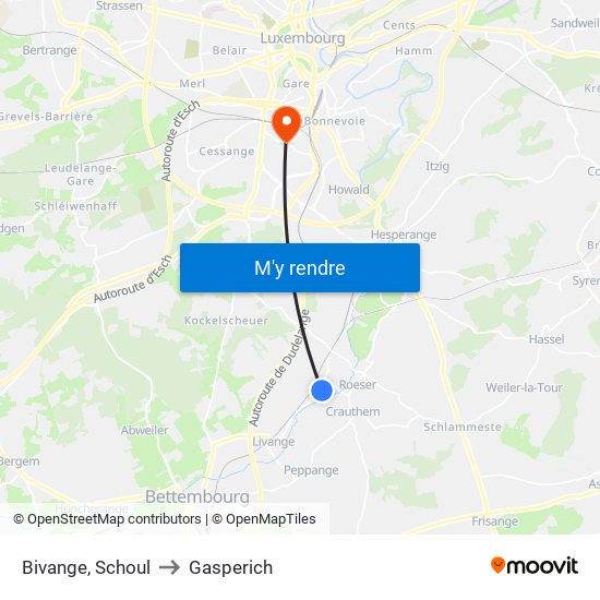Bivange, Schoul to Gasperich map