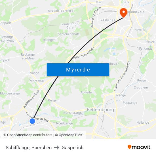 Schifflange, Paerchen to Gasperich map