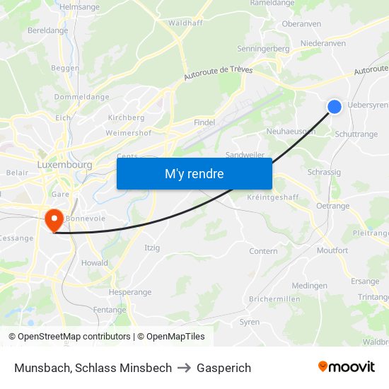 Munsbach, Schlass Minsbech to Gasperich map