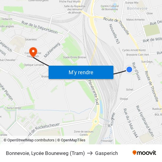 Bonnevoie, Lycée Bouneweg (Tram) to Gasperich map