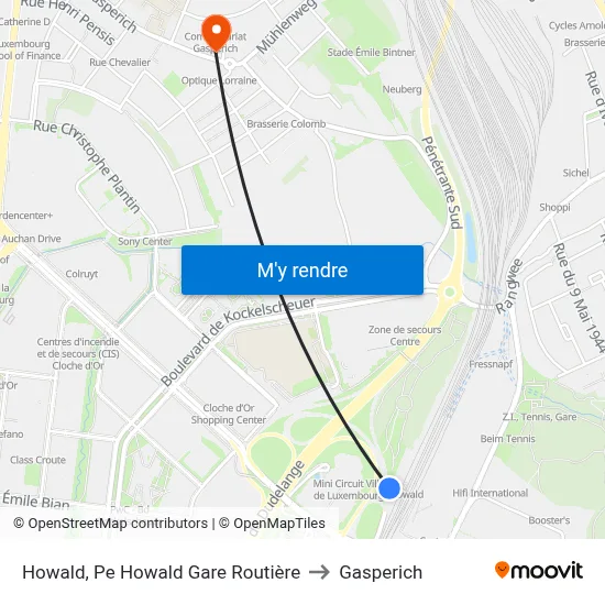 Howald, Pe Howald Gare Routière to Gasperich map