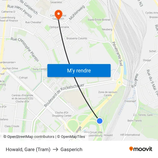 Howald, Gare (Tram) to Gasperich map