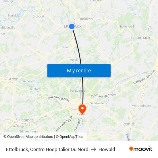 Ettelbruck, Centre Hospitalier Du Nord to Howald map