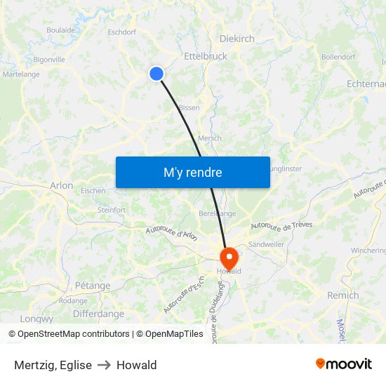 Mertzig, Eglise to Howald map