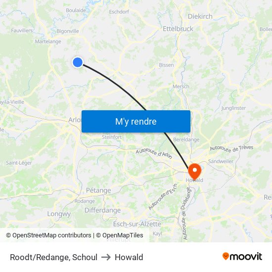 Roodt/Redange, Schoul to Howald map