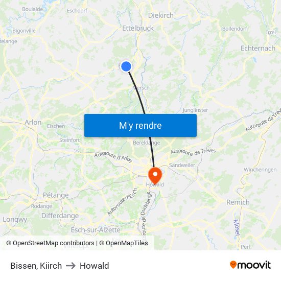 Bissen, Kiirch to Howald map