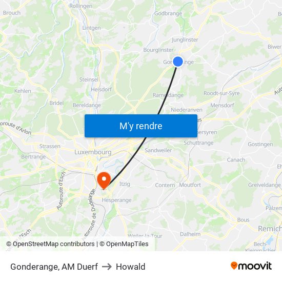 Gonderange, AM Duerf to Howald map