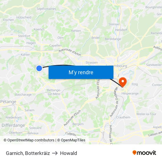 Garnich, Botterkräiz to Howald map