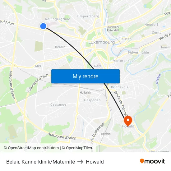 Belair, Kannerklinik/Maternité to Howald map