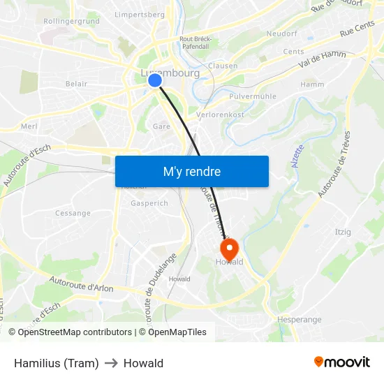 Hamilius (Tram) to Howald map