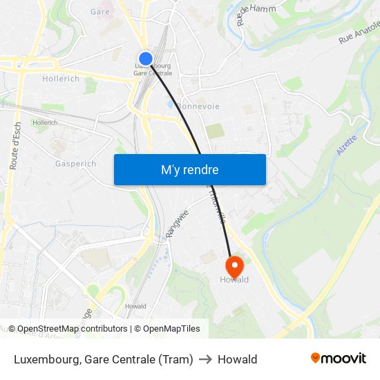 Luxembourg, Gare Centrale (Tram) to Howald map
