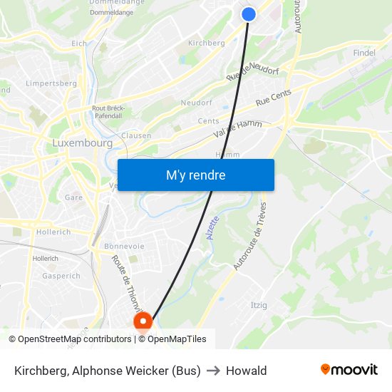 Kirchberg, Alphonse Weicker (Bus) to Howald map