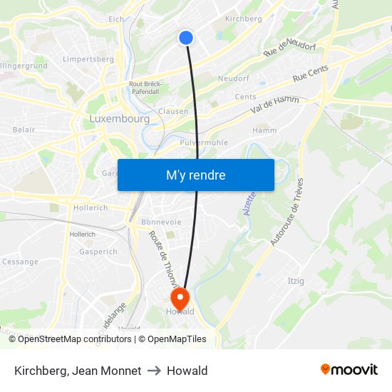 Kirchberg, Jean Monnet to Howald map