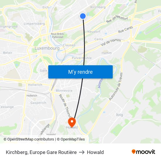 Kirchberg, Europe Gare Routière to Howald map