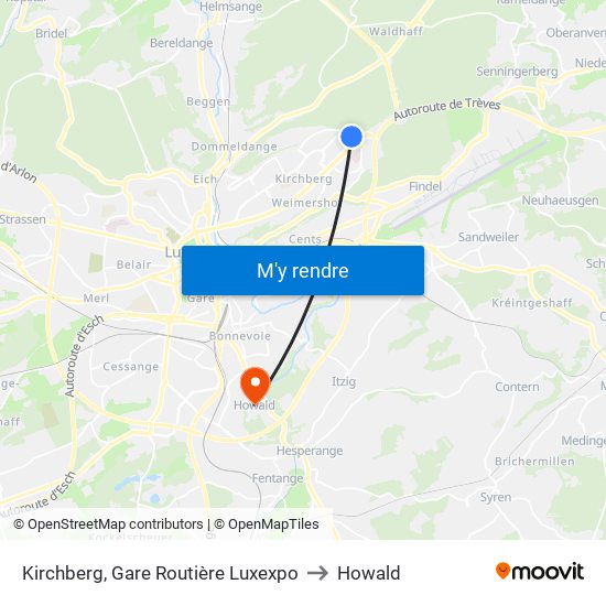 Kirchberg, Gare Routière Luxexpo to Howald map