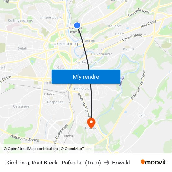 Kirchberg, Rout Bréck - Pafendall (Tram) to Howald map