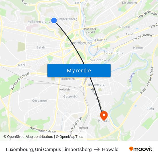 Luxembourg, Uni Campus Limpertsberg to Howald map