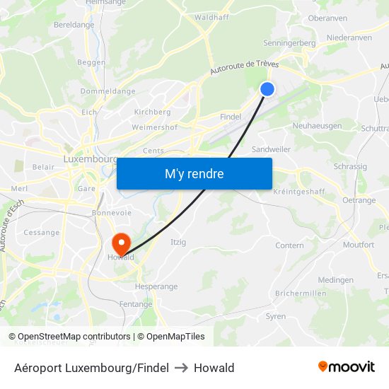 Aéroport Luxembourg/Findel to Howald map