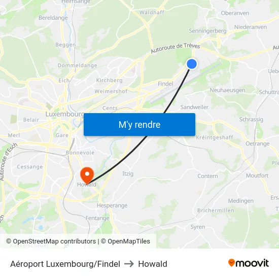 Aéroport Luxembourg/Findel to Howald map