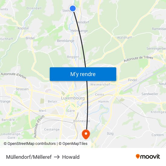 Müllendorf/Mëlleref to Howald map