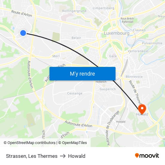 Strassen, Les Thermes to Howald map
