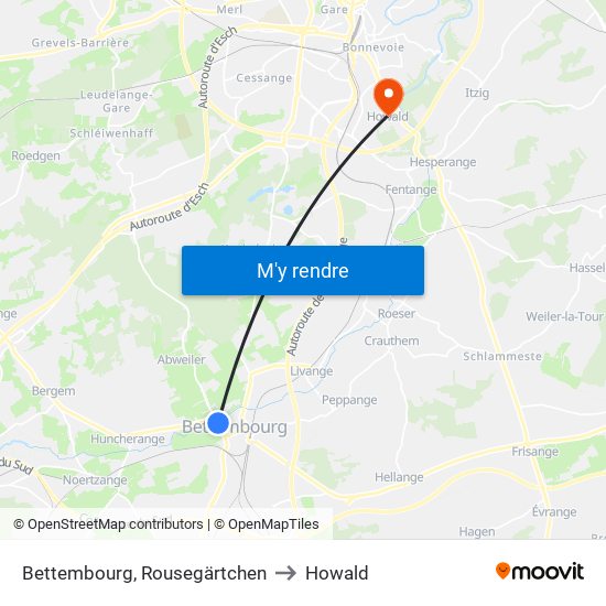 Bettembourg, Rousegärtchen to Howald map