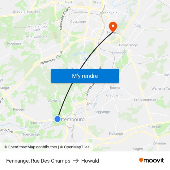 Fennange, Rue Des Champs to Howald map