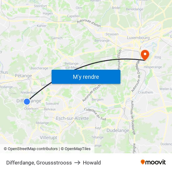 Differdange, Groussstrooss to Howald map