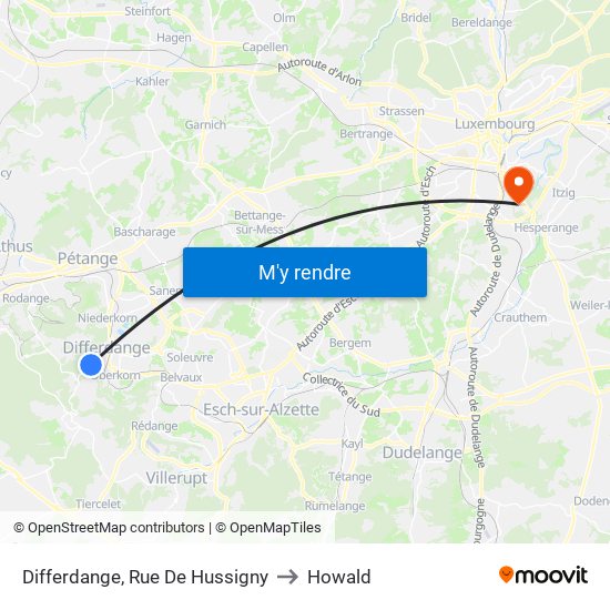 Differdange, Rue De Hussigny to Howald map