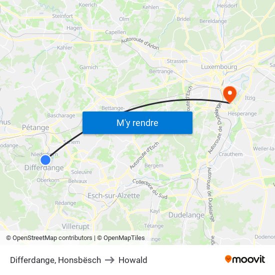 Differdange, Honsbësch to Howald map