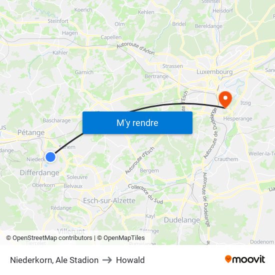 Niederkorn, Ale Stadion to Howald map